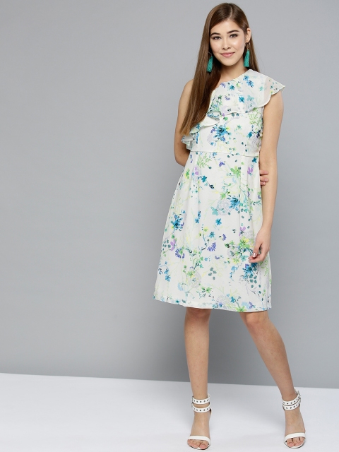 

RARE Women White & Green Printed One Shoulder A-Line Dress