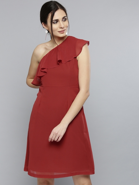 

RARE Women Rust Red Solid One-Shoulder A-Line Dress