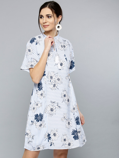 

RARE Women White & Navy Blue Printed A-Line Dress