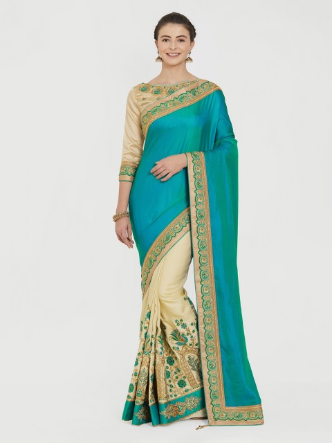

Indian Women Green & Beige Pure Silk Solid Saree