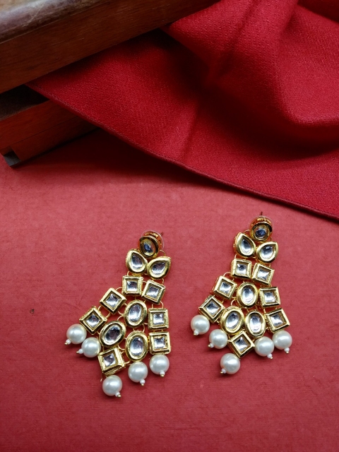 

Fida Gold-Toned & White Kundan Studded Drop Earrings