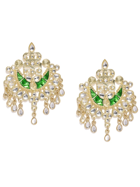 

Fida Green & Gold-Toned Crescent Shaped Enamelled Drop Earrings