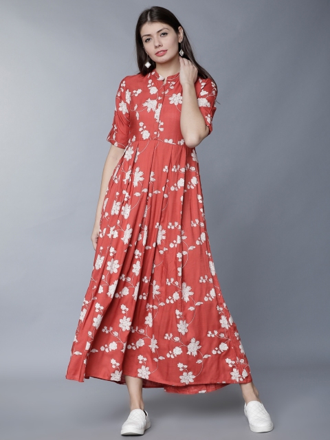 

Vishudh Women Rust Solid Fit and Flare Dress