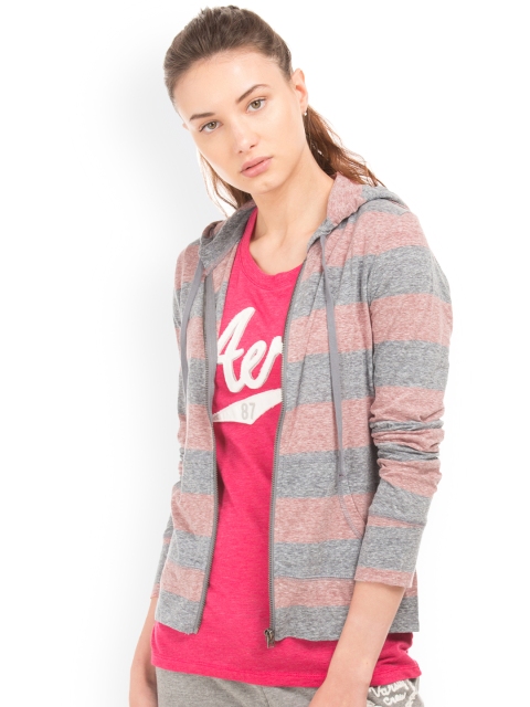

Aeropostale Women Pink & Grey Striped Hooded Sweatshirt
