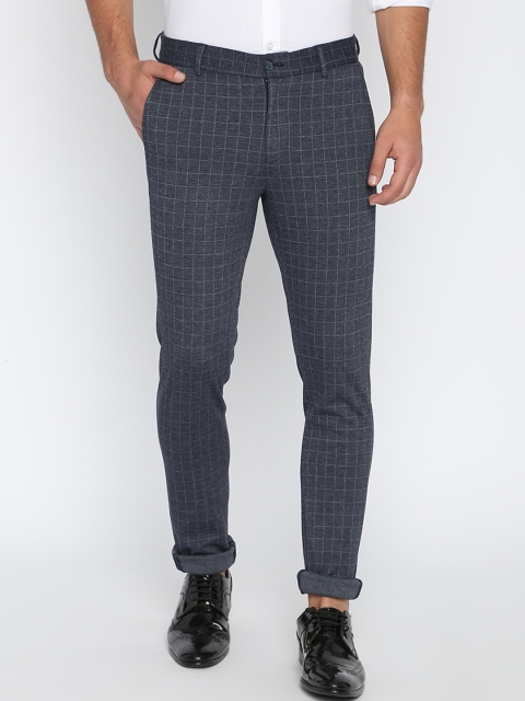

Basics Men Navy Blue & Grey Tapered Fit Checked Chinos