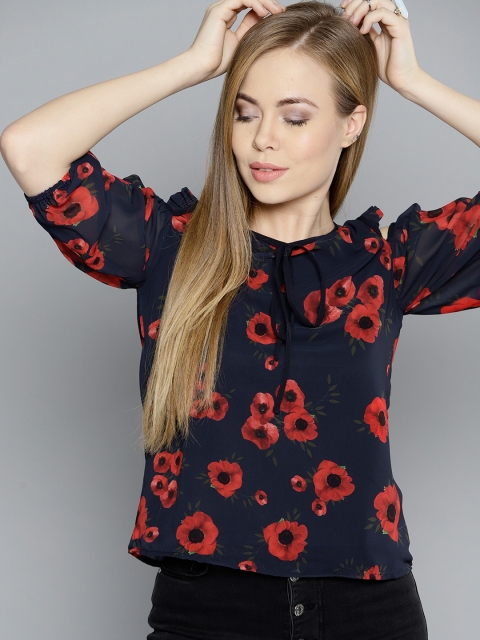 

Marie Claire Women Navy Blue & Red Printed Cold-Shoulder Top
