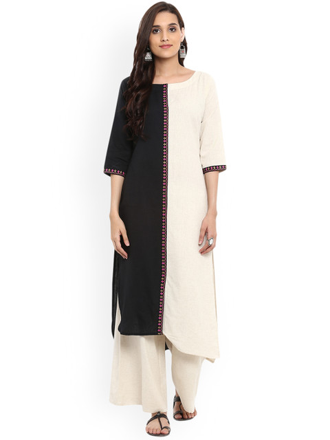 

ZIYAA Women White & Black Colourblocked Straight Kurta
