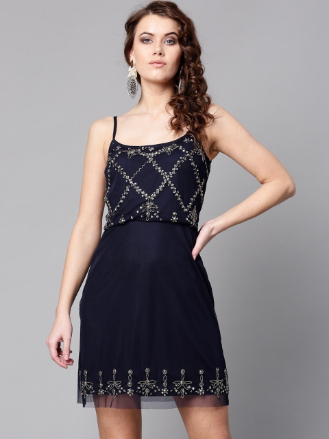 

STREET 9 Women Navy Blue Net Embellished Sheath Dress
