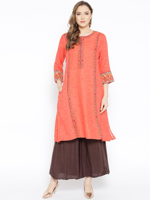 

Biba Women Peach-Coloured Solid Straight Kurta