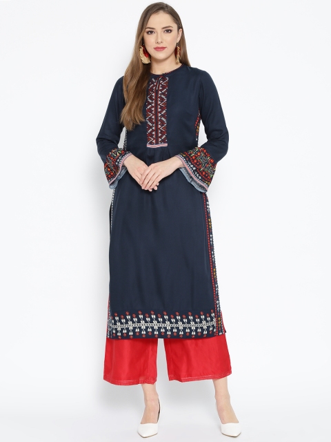 

Biba Women Navy Blue Solid Straight Kurta