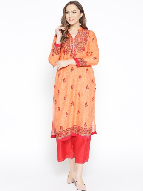 

Biba Women Orange Floral Woven Design Straight Kurta