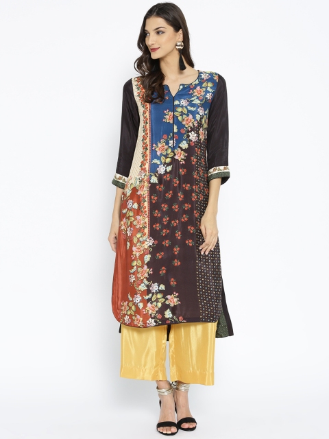 

Biba Women Black & Beige Floral Print Straight Kurta