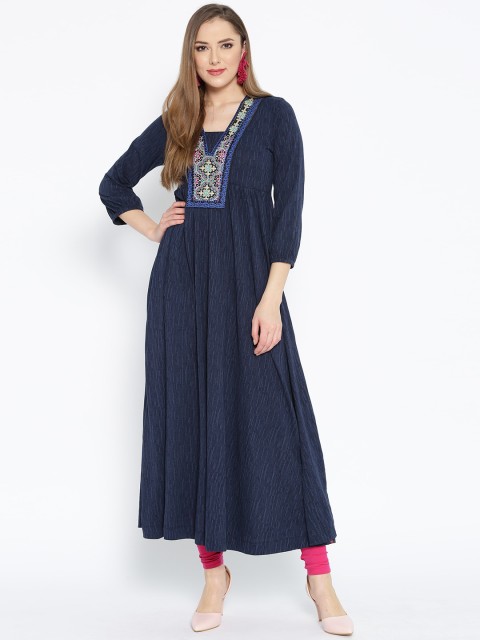 

Biba Women Navy Blue Yoke Design A-Line Kurta