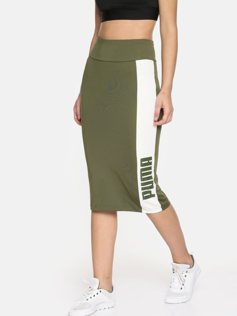 

Puma Women Olive Green & Off-White Archive Logo Colourblocked Pencil Skirt