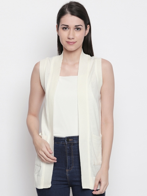 

RANGMANCH BY PANTALOONS Women Off-White Solid Cardigan