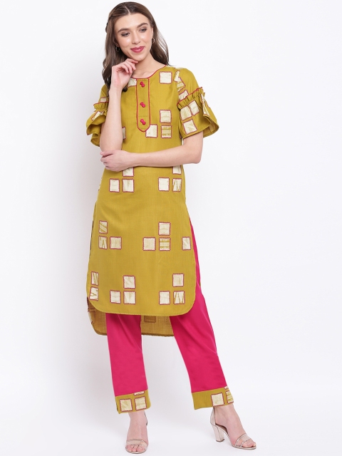 

La Firangi Women Mustard Yellow Printed Kurta with Trousers