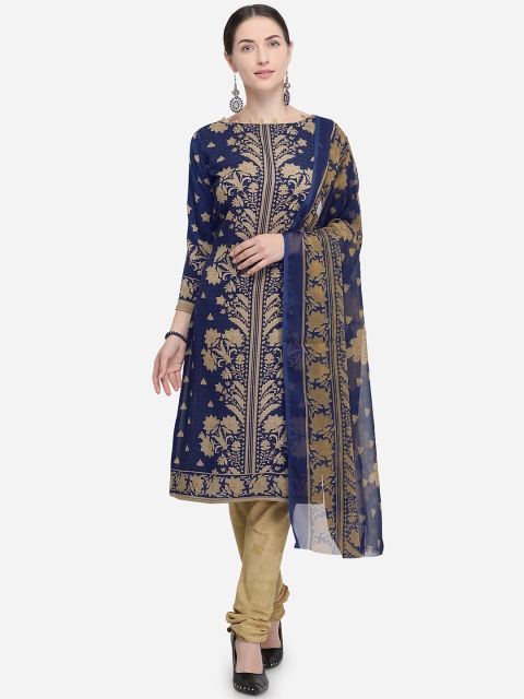 

Satrani Navy Blue & Beige Poly Crepe Unstitched Dress Material
