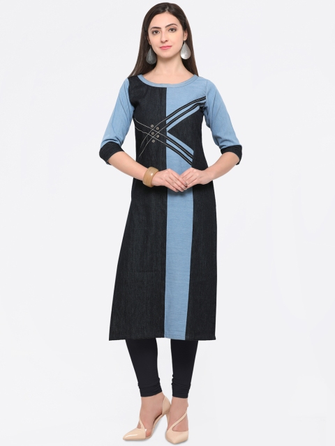 

Florence Women Black & Blue Colourblocked Straight Kurta