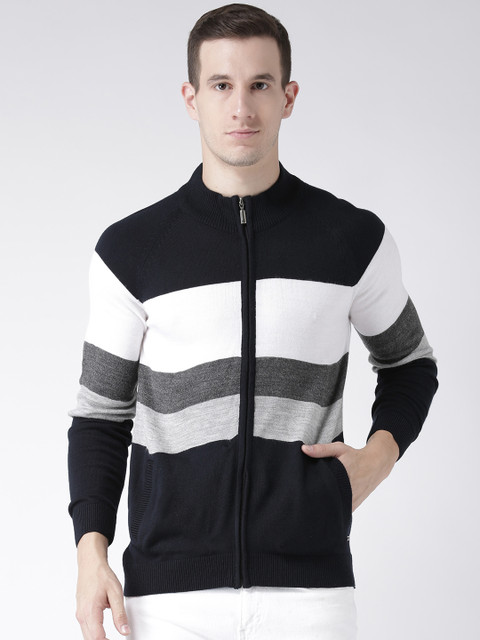 

Club York Men Navy Blue & White Colourblocked Cardigan