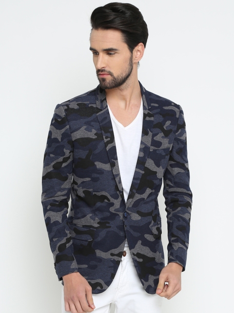 

SHOWOFF Navy Blue Camouflage Print Slim Fit Slim Fit Single-Breasted Blazer