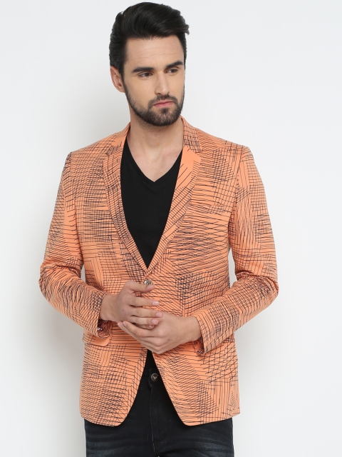 

SHOWOFF Men Orange Printed Slim Fit Single-Breasted Pure Cotton Blazer