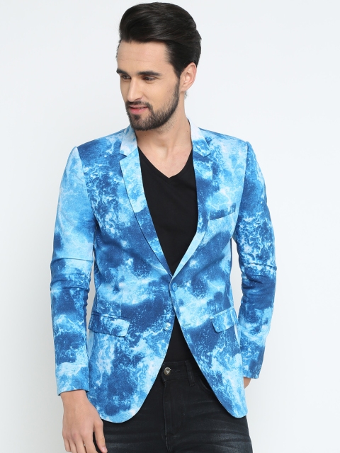 

SHOWOFF Men Blue Printed Slim Fit Single-Breasted Pure Cotton Blazer
