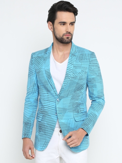 

SHOWOFF Men Turquoise Blue Printed Slim Fit Single-Breasted Pure Cotton Blazer