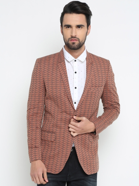 

SHOWOFF Men Orange Printed Slim Fit Single-Breasted Blazer
