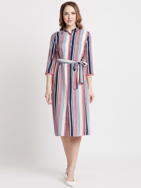 

COVER STORY Women Navy Blue & Pink Striped Shirt Dress