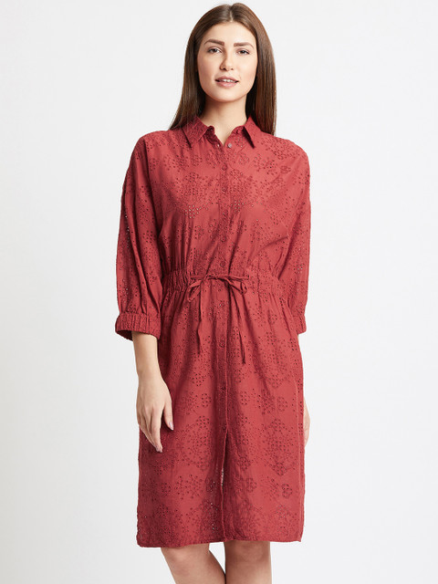

COVER STORY Women Rust Brown Self Design Shirt Dress