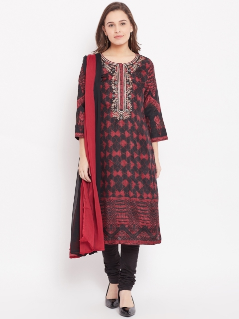 

Biba Women Black & Maroon Printed Kurta with Churidar & Dupatta