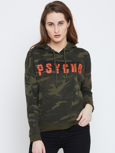 

PUNK Women Olive Green Printed Hooded Sweatshirt