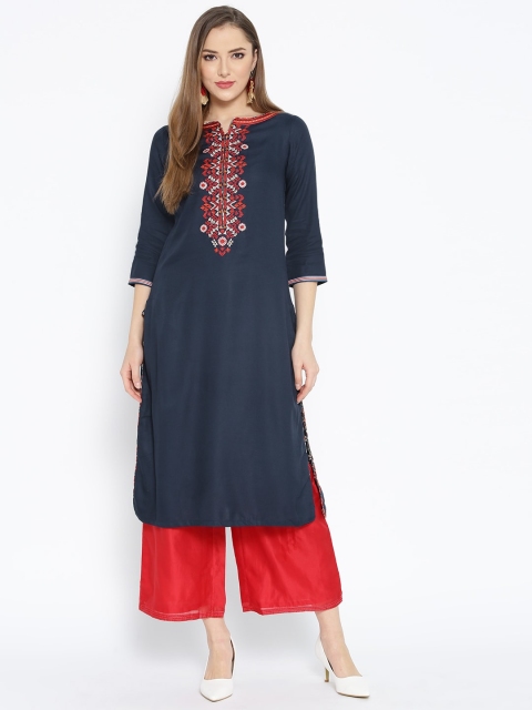 

Biba Women Navy Blue Solid Straight Kurta