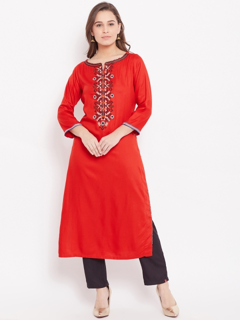 

Biba Women Red Yoke Design Straight Kurta