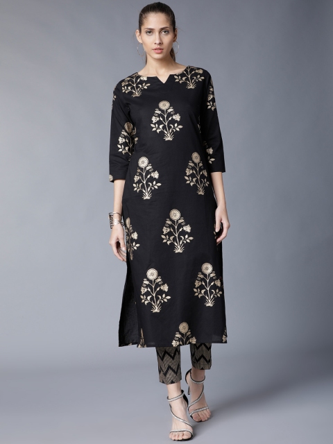 

Vishudh Women Black & Golden-Coloured Printed Kurta with Trousers