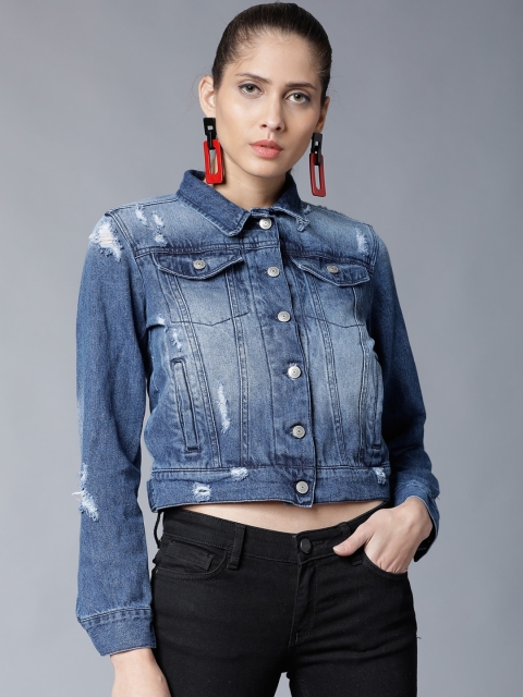

Tokyo Talkies Women Blue Self Design Crop Denim Jacket