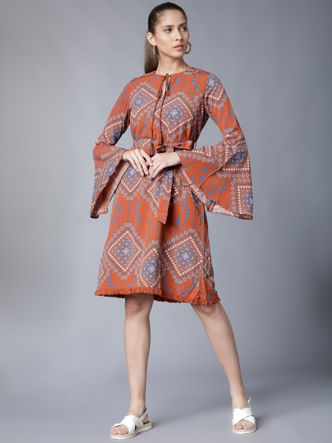 

Tokyo Talkies Women Brown & Blue Printed Fit and Flare Dress