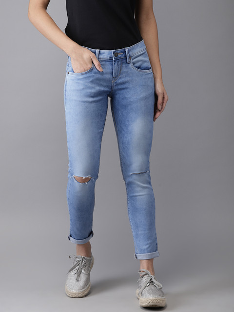 

HERE&NOW Women Blue Skinny Fit Mid-Rise Slash Knee Stretchable Jeans