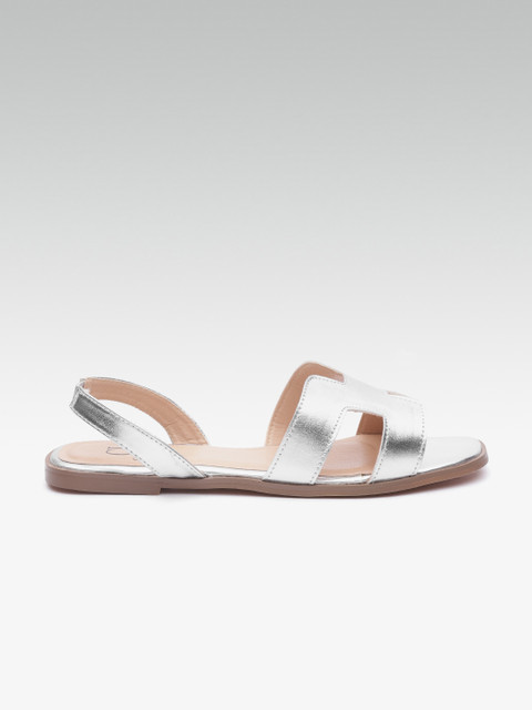 

Carlton London Women Silver-Toned Solid Synthetic T-Strap Flats