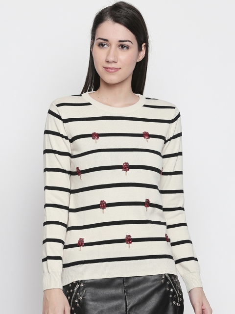 

Honey by Pantaloons Women Cream-Coloured Striped Pure Cotton Top