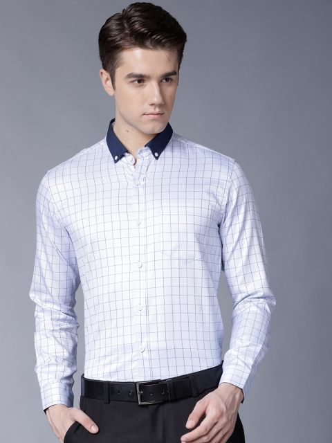 

Black coffee Men White & Blue Slim Fit Checked Formal Shirt