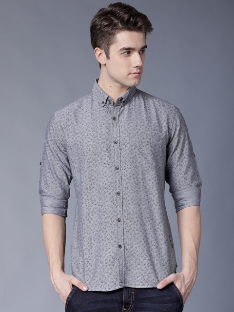 

LOCOMOTIVE Men Grey & Black Slim Fit Printed Casual Shirt