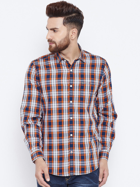 

Canary London Men Orange & Navy Blue Slim Fit Checked Casual Shirt