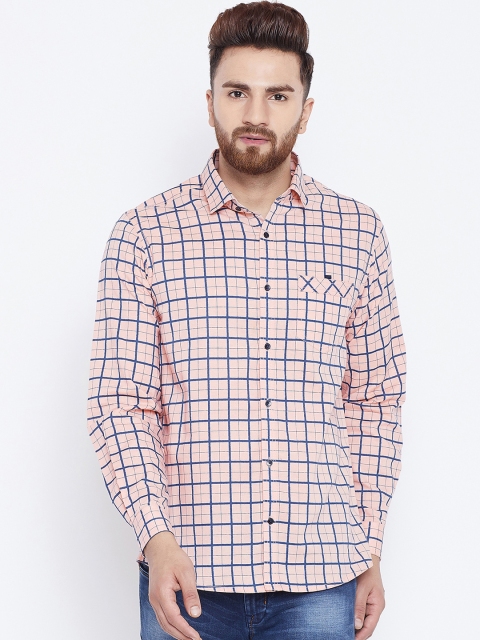 

Canary London Men Peach-Coloured & Navy Blue Slim Fit Checked Casual Shirt