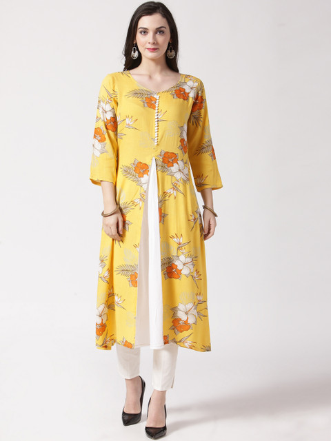 

Jompers Women Yellow & White Printed Kurti with Trousers