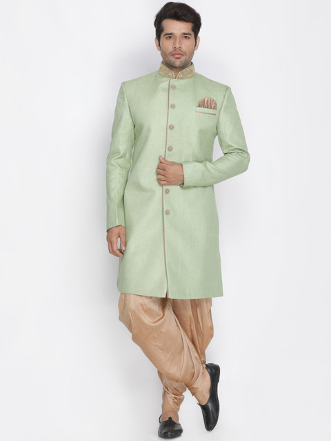 

VASTRAMAY Men Green Solid Sherwani With Gold-Toned Solid Dhoti Pants