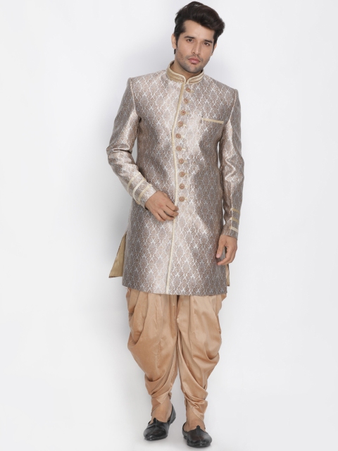 

VASTRAMAY Men Grey Woven Designed Silk Sherwani With Gold-Toned Solid Dhoti Pants