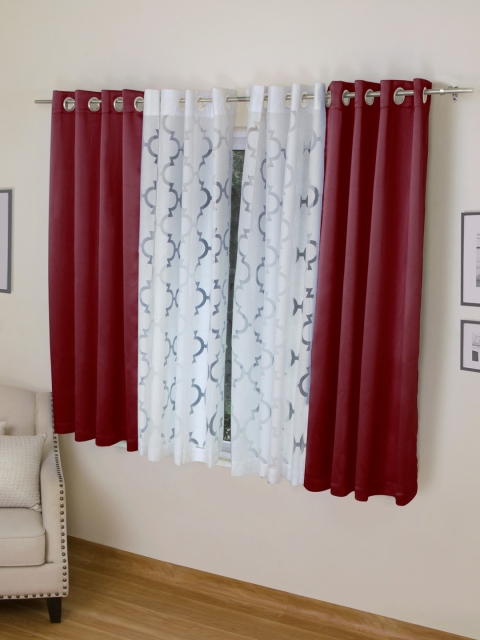 

ROSARA HOME Maroon & White Set of 4 Window Curtains