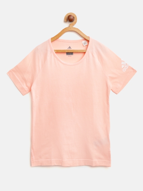 

ADIDAS Girls Peach-Coloured LG Solid Round Neck Training T-shirt