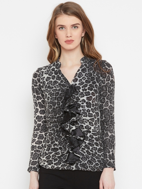 

Species Women Charcoal Grey & Black Animal Print Ruffle Detail Fitted Top